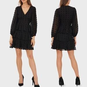 Halogen M Black Swiss Dot Dress | Nordstrom, Tiered Ruffle Hem, Sheer, Puff $200